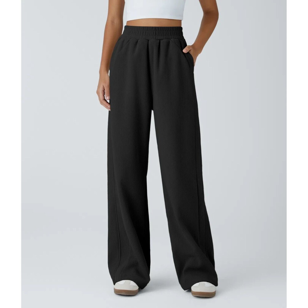 Halara Straight Leg Baggy Mop Corduroy Pants Womens S Black Pull On NEW